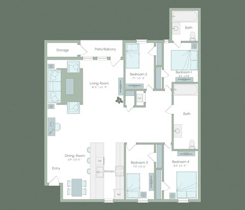 Floor plan for 4 beds, 2 baths, 1288 sqft
